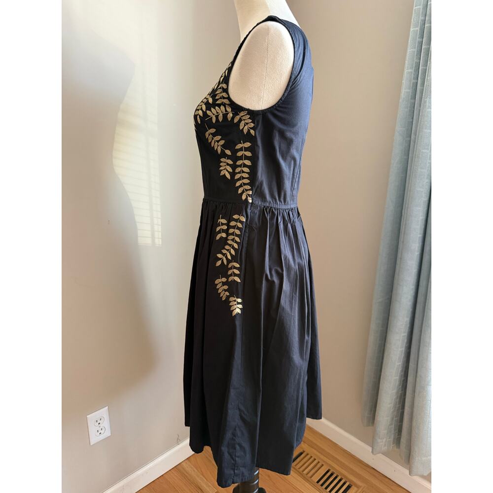eShakti Cotton Embroidered A Line Dress Gold Botanical Pockets Sz S Event Party - Picture 5 of 11
